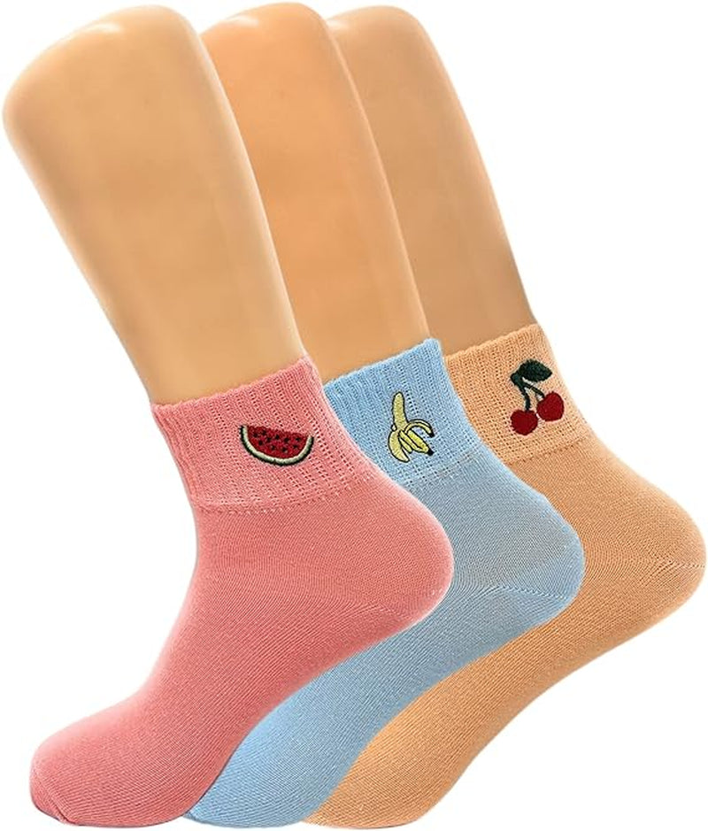 3 Pairs - Fruit Socks Women Embroidery Funny Cute Cartoon Fruit Print Female Low Cut Ankle Socks