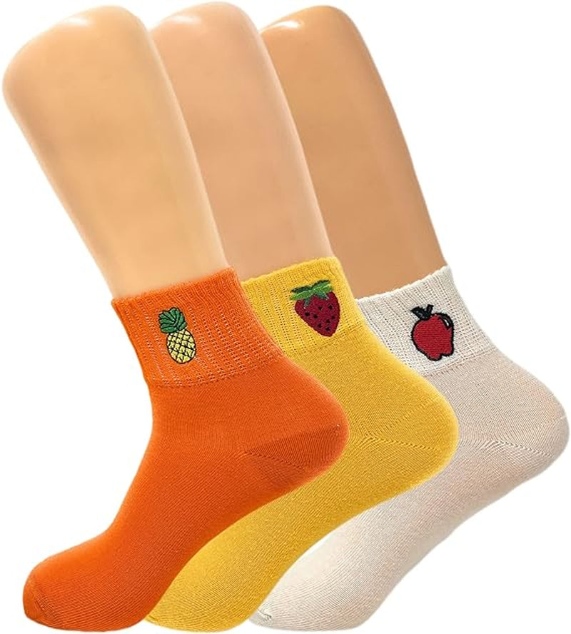 3 Pairs - Fruit Socks Women Embroidery Funny Cute Cartoon Fruit Print Female Low Cut Ankle Socks