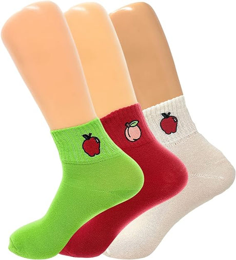 3 Pairs - Fruit Socks Women Embroidery Funny Cute Cartoon Fruit Print Female Low Cut Ankle Socks