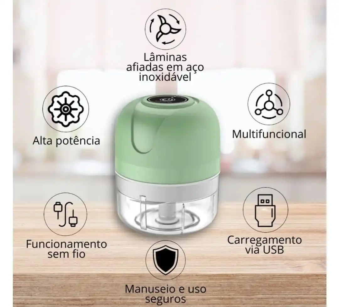 Mini Processador Triturador Elétrico 3 Laminas Moedor Alho Cebola Carne Vegetais Fruta Amendoim Recarregável USB 250ml