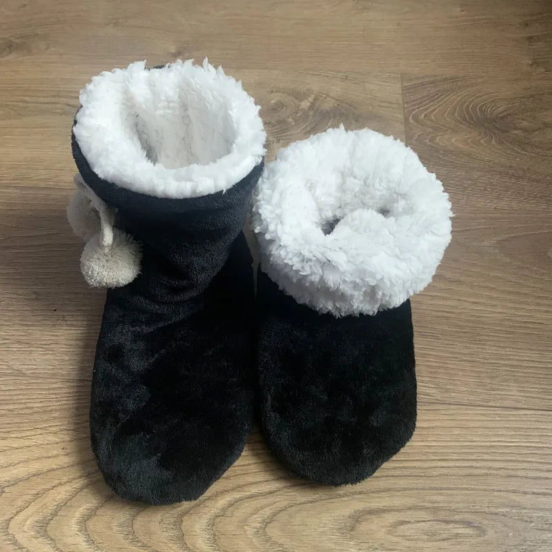 Womens Home Slipper Boots Winter Warm Fuzzy Indoor Fur Ball Contton Plush Non Slip Grip Fluffy Female Floor Shoes Flat Ladies