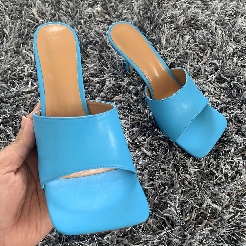 2024 New Summer Women Sandals Square Toe Ladies Heel Mules Sexy Thin High Heels Sandals Slippers Female Fashion Woman Shoes