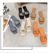 Cute 2022 Women Summer Slipper Square Toe Chain Slippers Slip on Flat Slide Sandals Beach Flip Flops Casual Shoe Ladies Big Size