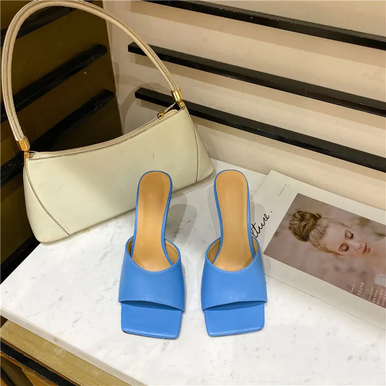 Eilyken Summer Cozy Soft PU Leather Square Toe Women Slippers High Heels Mules Outdoor Party Dress Ladies Fashion Shoes