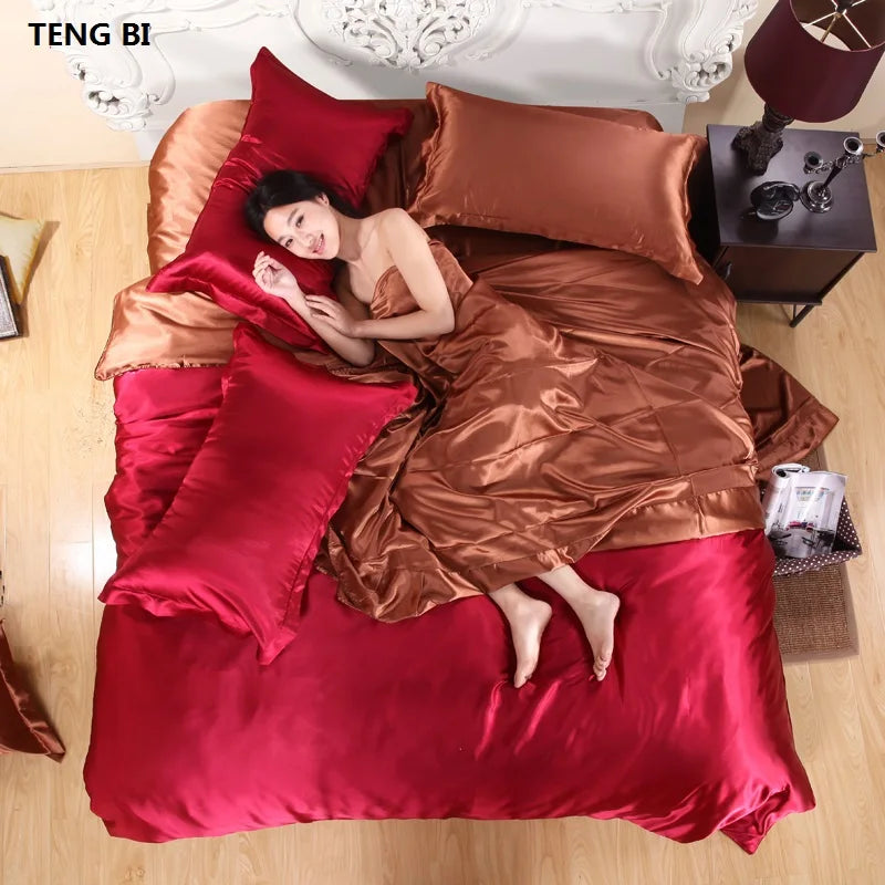 HOT! 100%  Silk Bedding Fashion Bedding set Pure color A/B double-sided color Simplicity Bed sheet, quilt cover pillowcase 2-5pc