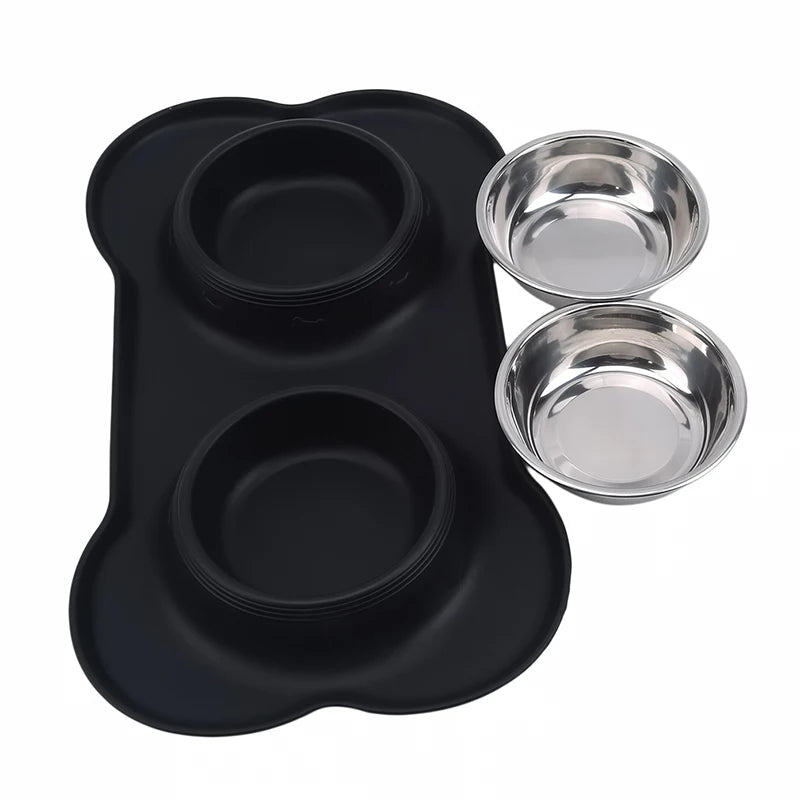 Antislip Double Dog Bowl With Silicone Mat Durable Stainless Steel Water Food Feeder Pet Feeding Drinking Bowls for Dogs Cats