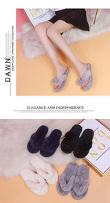 Warm Fluffy Slippers Women Cozy Faux Fur Cross Indoor Floor Slides Flat Soft Furry Shoes Ladies Female Celebrities Flip Flops