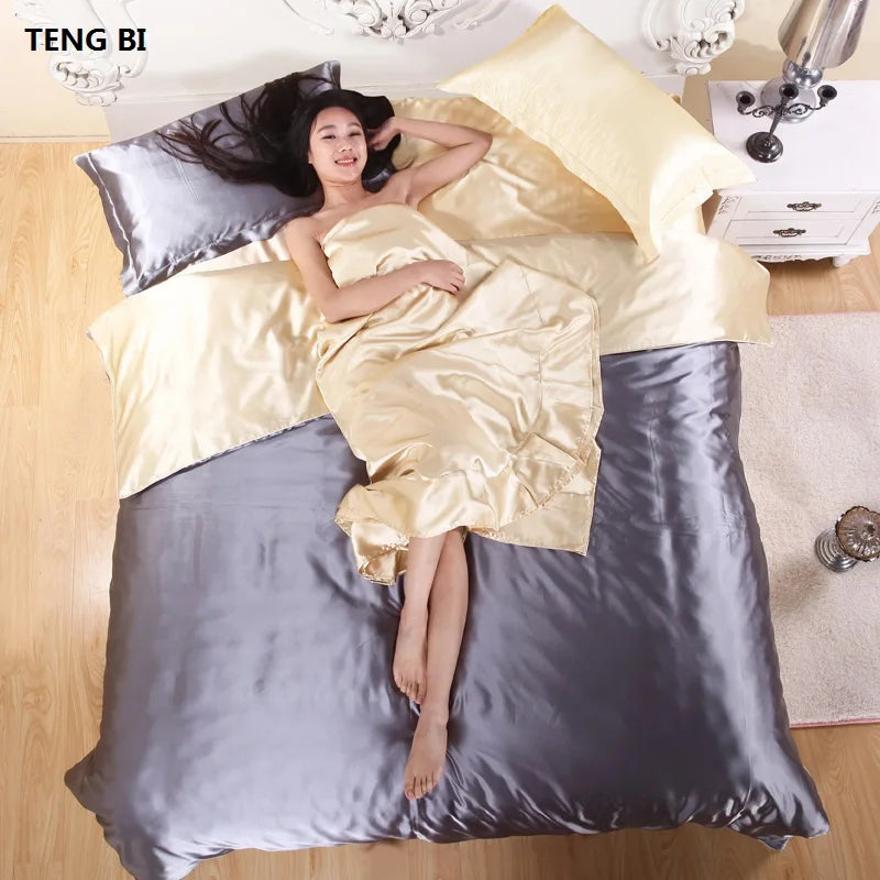 HOT! 100%  Silk Bedding Fashion Bedding set Pure color A/B double-sided color Simplicity Bed sheet, quilt cover pillowcase 2-5pc