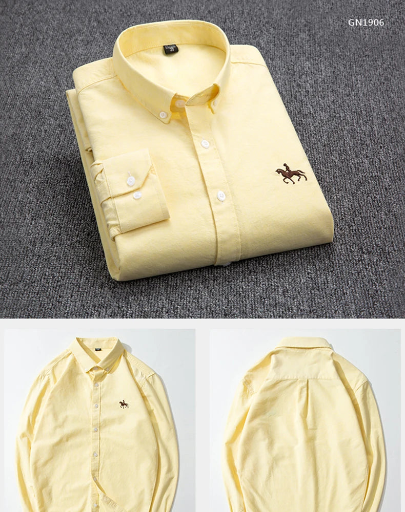 100% Cotton Oxford Shirt Men's Long Sleeve Embroidered Horse Casual Without Pocket Solid Yellow Dress Shirt Men Plus Size S-6XL