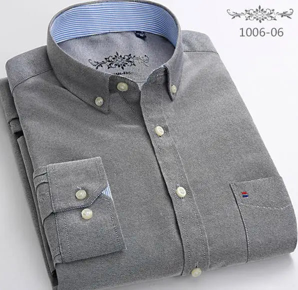 S~6XL Cotton Oxford Shirt For Mens Long Sleeve Plaid Striped Casual Shirts Male Pocket Regular-Fit Button-Down Work Man Shirt