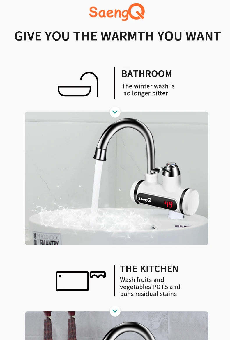 saengQ Electric Water Heater 220V Kitchen Faucet Tankless Instant Heating Water Tap Flowing Heated Mixer Digital Display