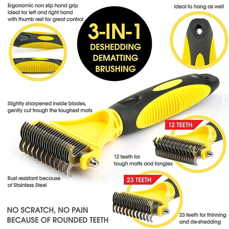 Pets Stainless Steel Grooming Brush Two-Sided Shedding and Dematting Undercoat Rake Comb for Dog Cat Remove Knots Tangles Easily