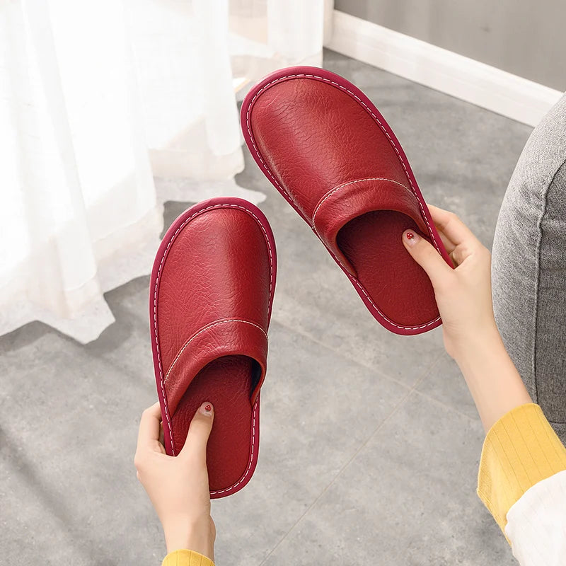 Home Leather Slippers Men and Women Spring 2024 New Non-slip Waterproof Floor Shoes Anti-odor Soft Sole males Indoor Slides