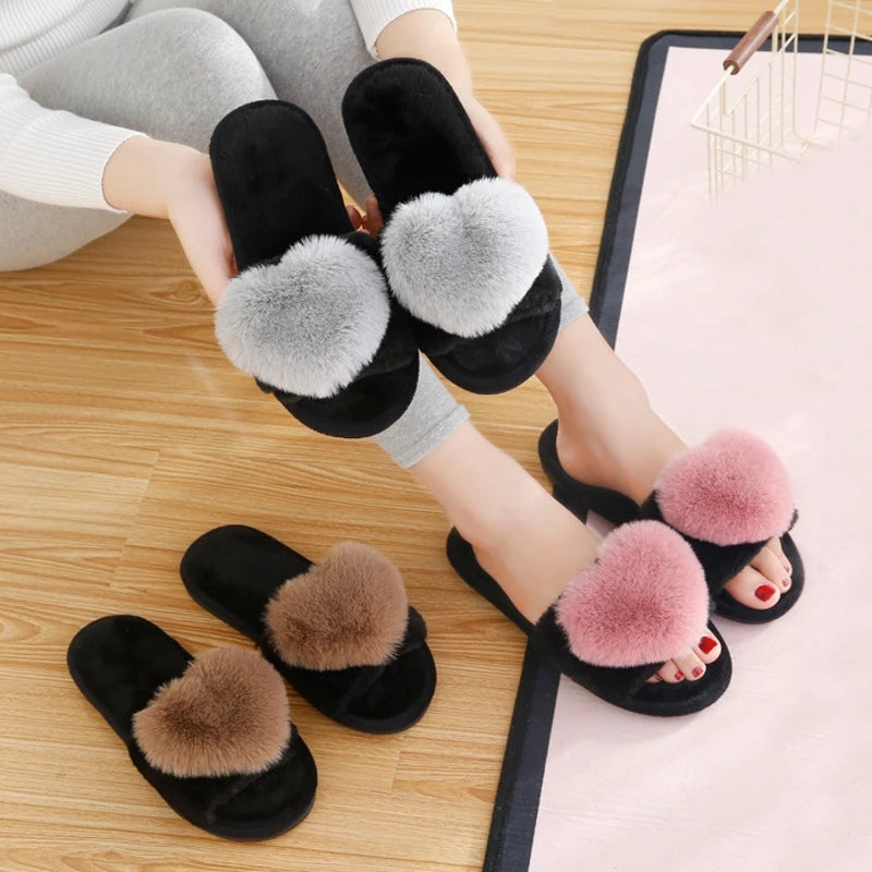 Women Indoor Warm Home Slippers Bedroom Cute Heart Pattern Non-slip Soft Comfort Plush House Slippers Shoes Autumn Winter