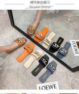 Cute 2022 Women Summer Slipper Square Toe Chain Slippers Slip on Flat Slide Sandals Beach Flip Flops Casual Shoe Ladies Big Size