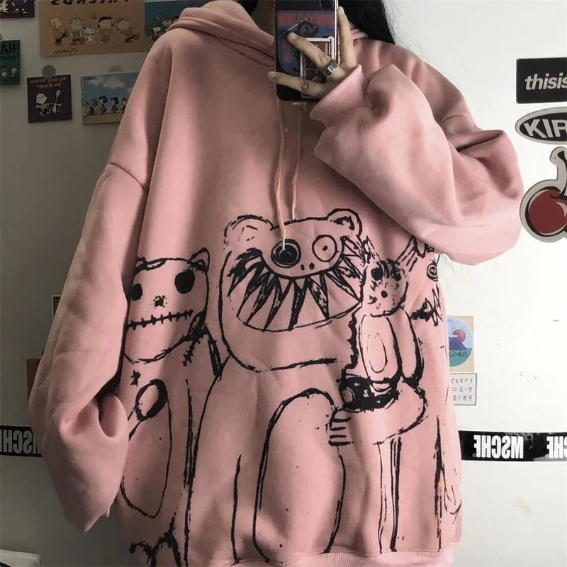 QWEEK Goth Harajuku Hoodie Punk Anime Oversized Sweatshirt Graffiti Hoodies Women Cartoon Print Hoodie 2021 Streetwear Women