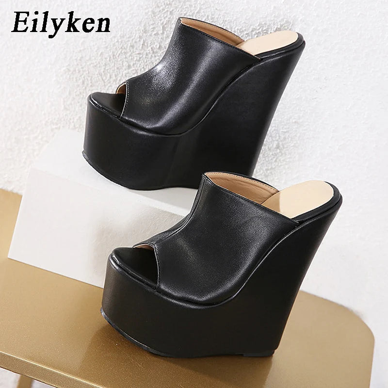 Eilyken Peep Toe Platform Wedge Mules Slippers Women Summer Sexy Super High Pumps Sandal Shoes Black 35-42