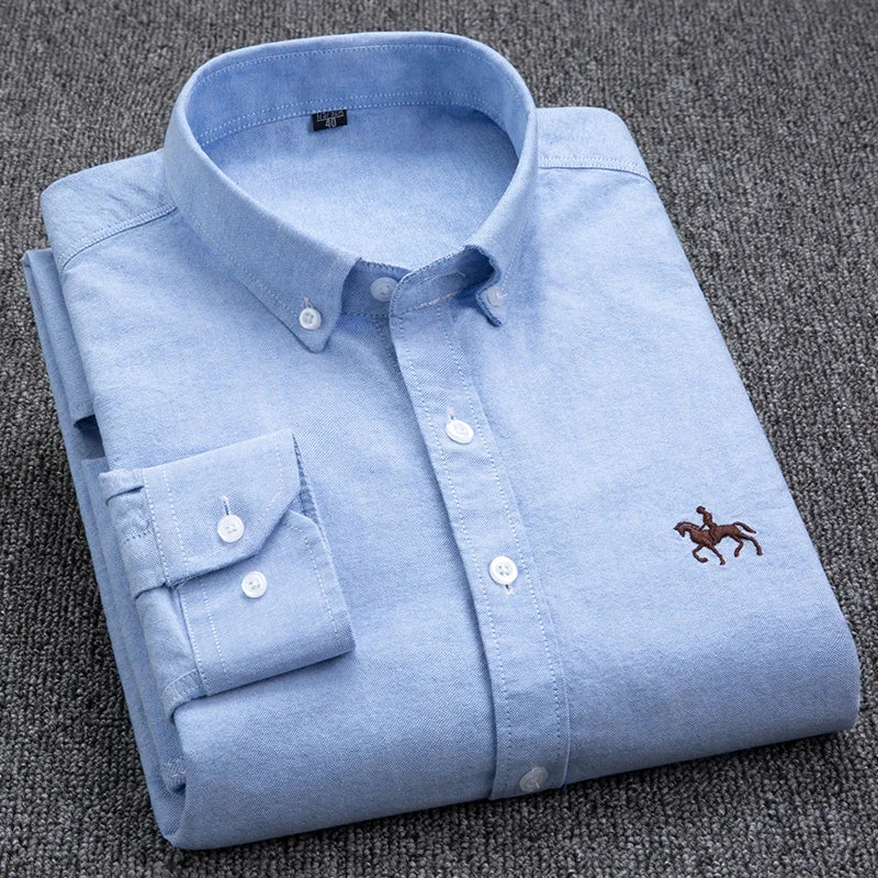 100% Cotton Oxford Shirt Men's Long Sleeve Embroidered Horse Casual Without Pocket Solid Yellow Dress Shirt Men Plus Size S-6XL