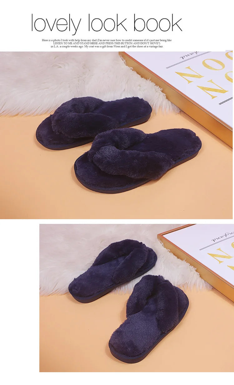 Warm Fluffy Slippers Women Cozy Faux Fur Cross Indoor Floor Slides Flat Soft Furry Shoes Ladies Female Celebrities Flip Flops