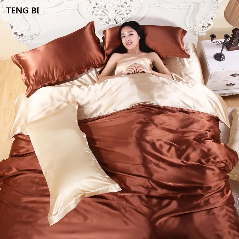 HOT! 100%  Silk Bedding Fashion Bedding set Pure color A/B double-sided color Simplicity Bed sheet, quilt cover pillowcase 2-5pc