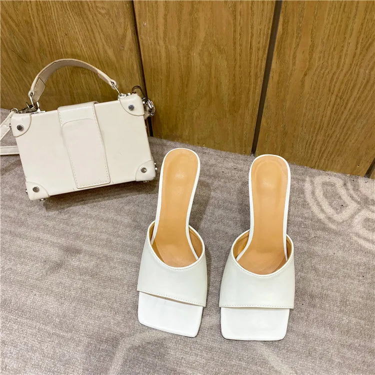 Eilyken Summer Cozy Soft PU Leather Square Toe Women Slippers High Heels Mules Outdoor Party Dress Ladies Fashion Shoes