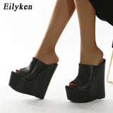 Eilyken Peep Toe Platform Wedge Mules Slippers Women Summer Sexy Super High Pumps Sandal Shoes Black 35-42