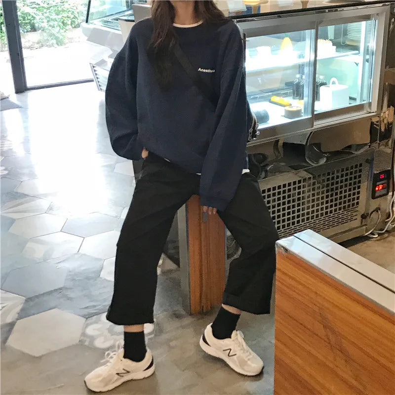 Jielur New Kpop Letter Hoody Fashion Korean Thin Chic Women's Sweatshirts Cool Navy Blue Gray Hoodies for Women M-XXL