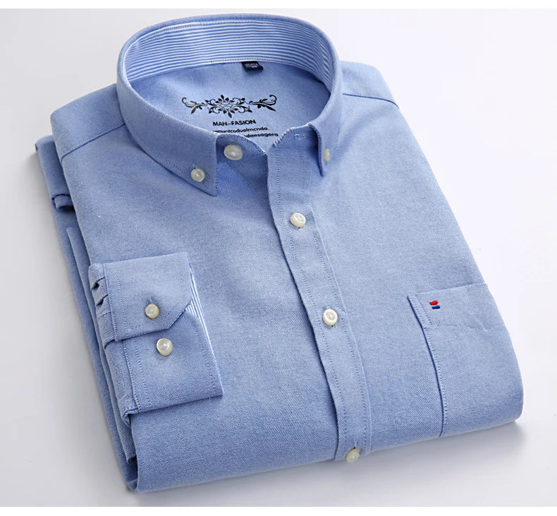 S~6XL Cotton Oxford Shirt For Mens Long Sleeve Plaid Striped Casual Shirts Male Pocket Regular-Fit Button-Down Work Man Shirt