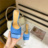 Eilyken Summer Cozy Soft PU Leather Square Toe Women Slippers High Heels Mules Outdoor Party Dress Ladies Fashion Shoes