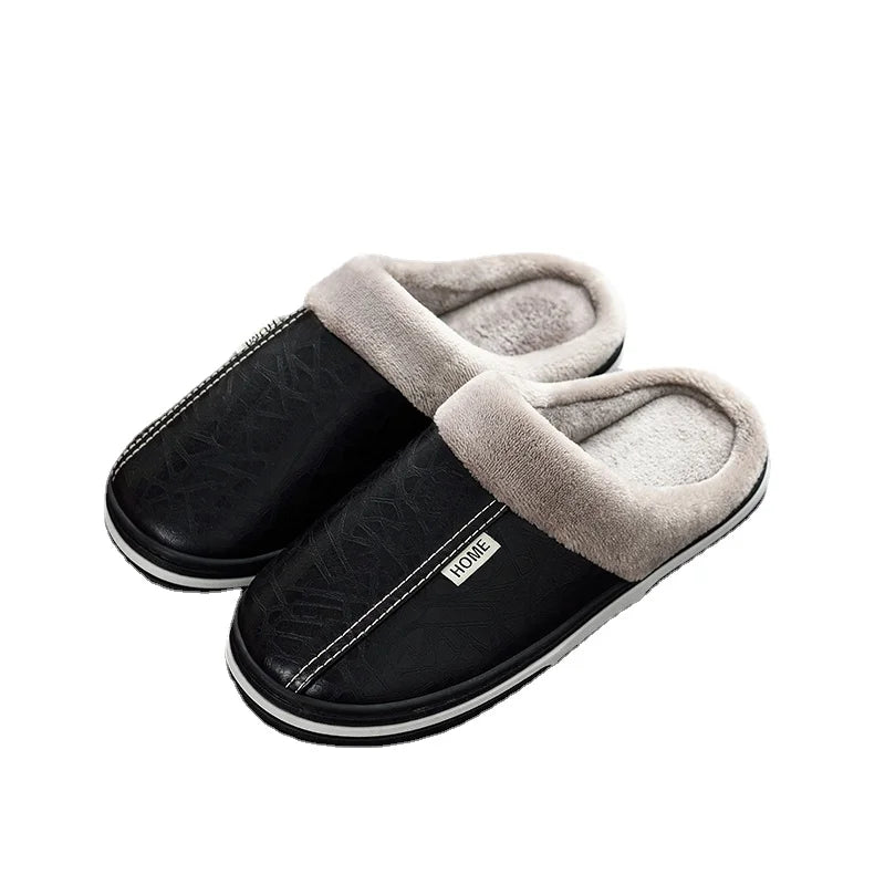 Winter Home Slippers for Men Memory Foam Massage House Slippers With Fur PU Leather Waterproof Indoor Male slipper Plus Size 51