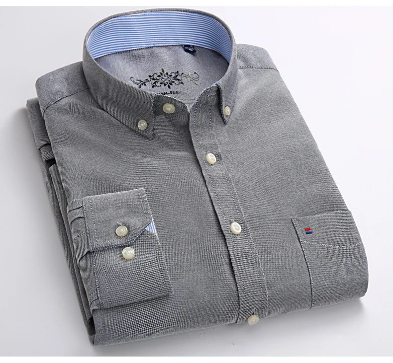 S~6XL Cotton Oxford Shirt For Mens Long Sleeve Plaid Striped Casual Shirts Male Pocket Regular-Fit Button-Down Work Man Shirt