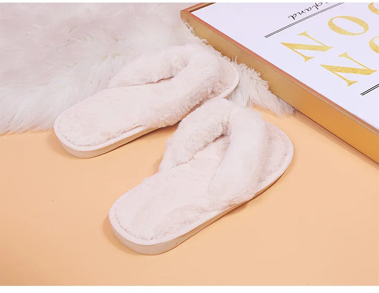 Warm Fluffy Slippers Women Cozy Faux Fur Cross Indoor Floor Slides Flat Soft Furry Shoes Ladies Female Celebrities Flip Flops