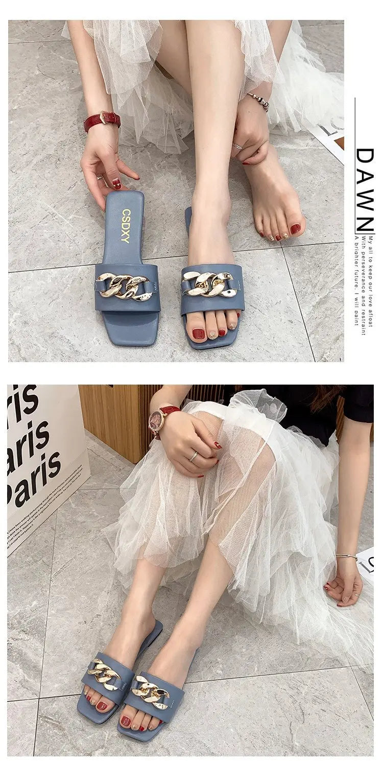 Cute 2022 Women Summer Slipper Square Toe Chain Slippers Slip on Flat Slide Sandals Beach Flip Flops Casual Shoe Ladies Big Size