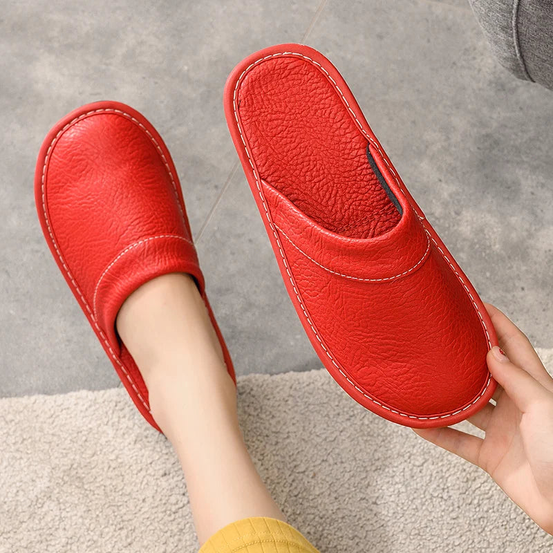 Home Leather Slippers Men and Women Spring 2024 New Non-slip Waterproof Floor Shoes Anti-odor Soft Sole males Indoor Slides