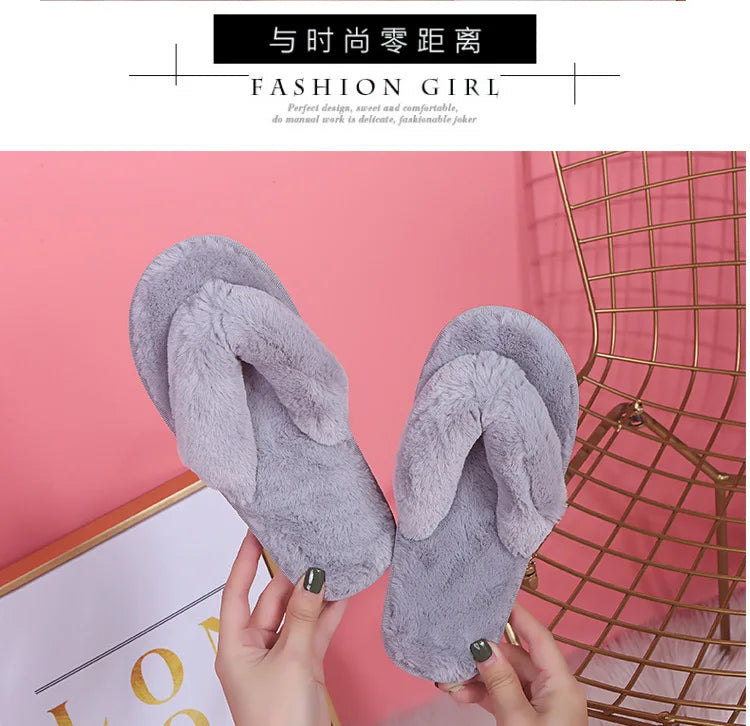 Warm Fluffy Slippers Women Cozy Faux Fur Cross Indoor Floor Slides Flat Soft Furry Shoes Ladies Female Celebrities Flip Flops