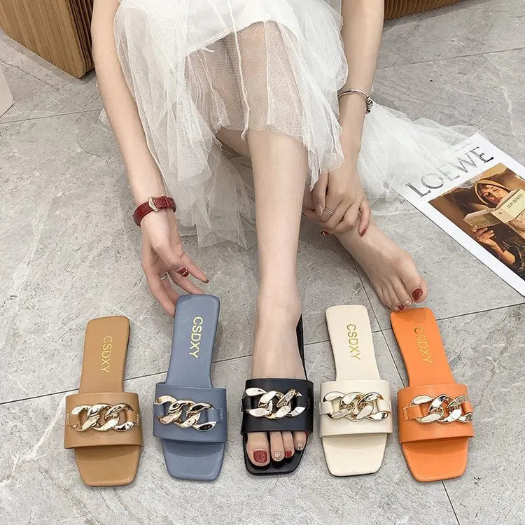 Cute 2022 Women Summer Slipper Square Toe Chain Slippers Slip on Flat Slide Sandals Beach Flip Flops Casual Shoe Ladies Big Size