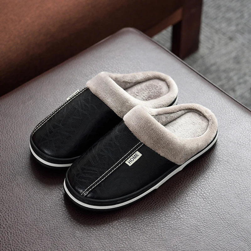 Winter Home Slippers for Men Memory Foam Massage House Slippers With Fur PU Leather Waterproof Indoor Male slipper Plus Size 51