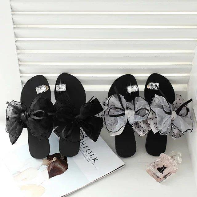 2024 Summer Cute Bowtie Decorate Non-Slip Sandals Slipper Flats Mules Casual Fashion Female Beach Flip Flops Mesh Beach Slides