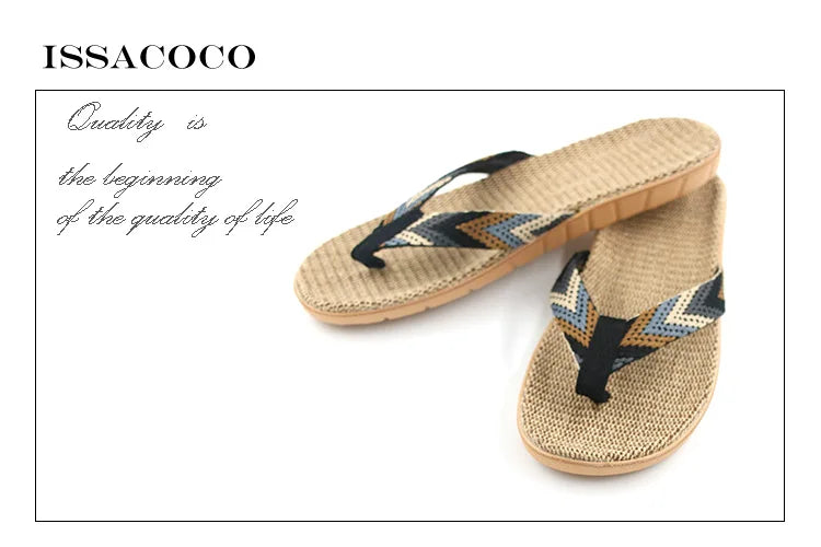 ISSACOCO Men's Linen Flip Flops Striped Ribbon Sandals Flat EVA Non-Slip Linen Slides Home Slippers Man Casual Straw Beach Shoes