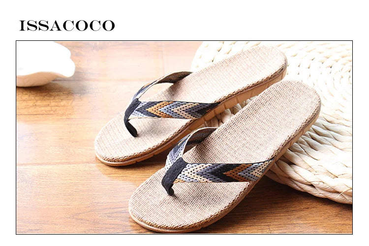 ISSACOCO Men's Linen Flip Flops Striped Ribbon Sandals Flat EVA Non-Slip Linen Slides Home Slippers Man Casual Straw Beach Shoes