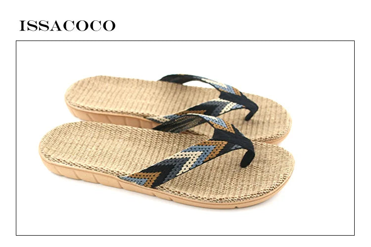 ISSACOCO Men's Linen Flip Flops Striped Ribbon Sandals Flat EVA Non-Slip Linen Slides Home Slippers Man Casual Straw Beach Shoes