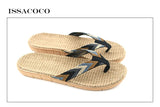 ISSACOCO Men's Linen Flip Flops Striped Ribbon Sandals Flat EVA Non-Slip Linen Slides Home Slippers Man Casual Straw Beach Shoes