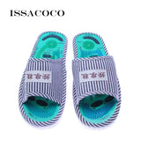 ISSACOCO Men's Linen Flip Flops Striped Ribbon Sandals Flat EVA Non-Slip Linen Slides Home Slippers Man Casual Straw Beach Shoes