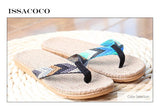 ISSACOCO Men's Linen Flip Flops Striped Ribbon Sandals Flat EVA Non-Slip Linen Slides Home Slippers Man Casual Straw Beach Shoes