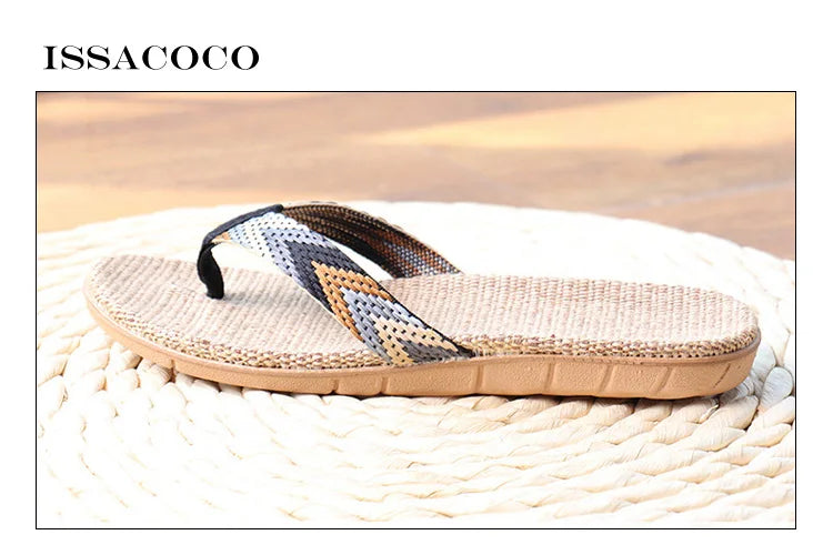 ISSACOCO Men's Linen Flip Flops Striped Ribbon Sandals Flat EVA Non-Slip Linen Slides Home Slippers Man Casual Straw Beach Shoes