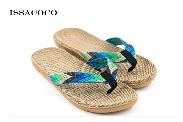 ISSACOCO Men's Linen Flip Flops Striped Ribbon Sandals Flat EVA Non-Slip Linen Slides Home Slippers Man Casual Straw Beach Shoes