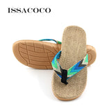 ISSACOCO Men's Linen Flip Flops Striped Ribbon Sandals Flat EVA Non-Slip Linen Slides Home Slippers Man Casual Straw Beach Shoes