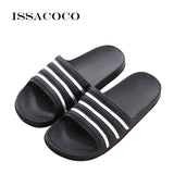 ISSACOCO Men's Linen Flip Flops Striped Ribbon Sandals Flat EVA Non-Slip Linen Slides Home Slippers Man Casual Straw Beach Shoes