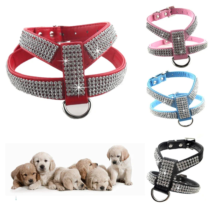 4 Sizes PU Leather Rhinestones Dog Harness Safety Comfortable Dress Up Pet Harness Collar For Small Medium Large Dog