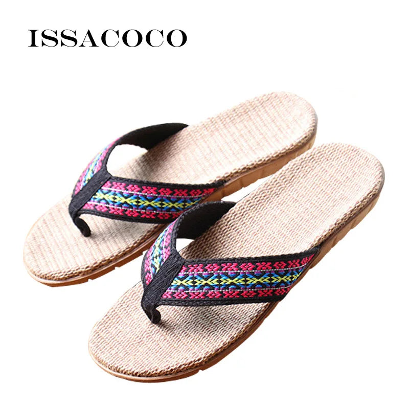 ISSACOCO Men's Linen Flip Flops Striped Ribbon Sandals Flat EVA Non-Slip Linen Slides Home Slippers Man Casual Straw Beach Shoes